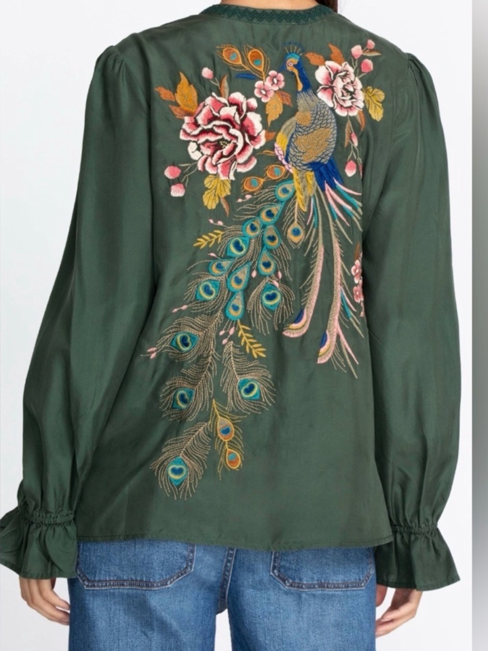 BEAUTIFUL JOHNNY WAS GREEN SILK QUITO VICTORIAN PRAIRIE BLOUSE
 NEW WITH TAGS - Picture 3 of 11